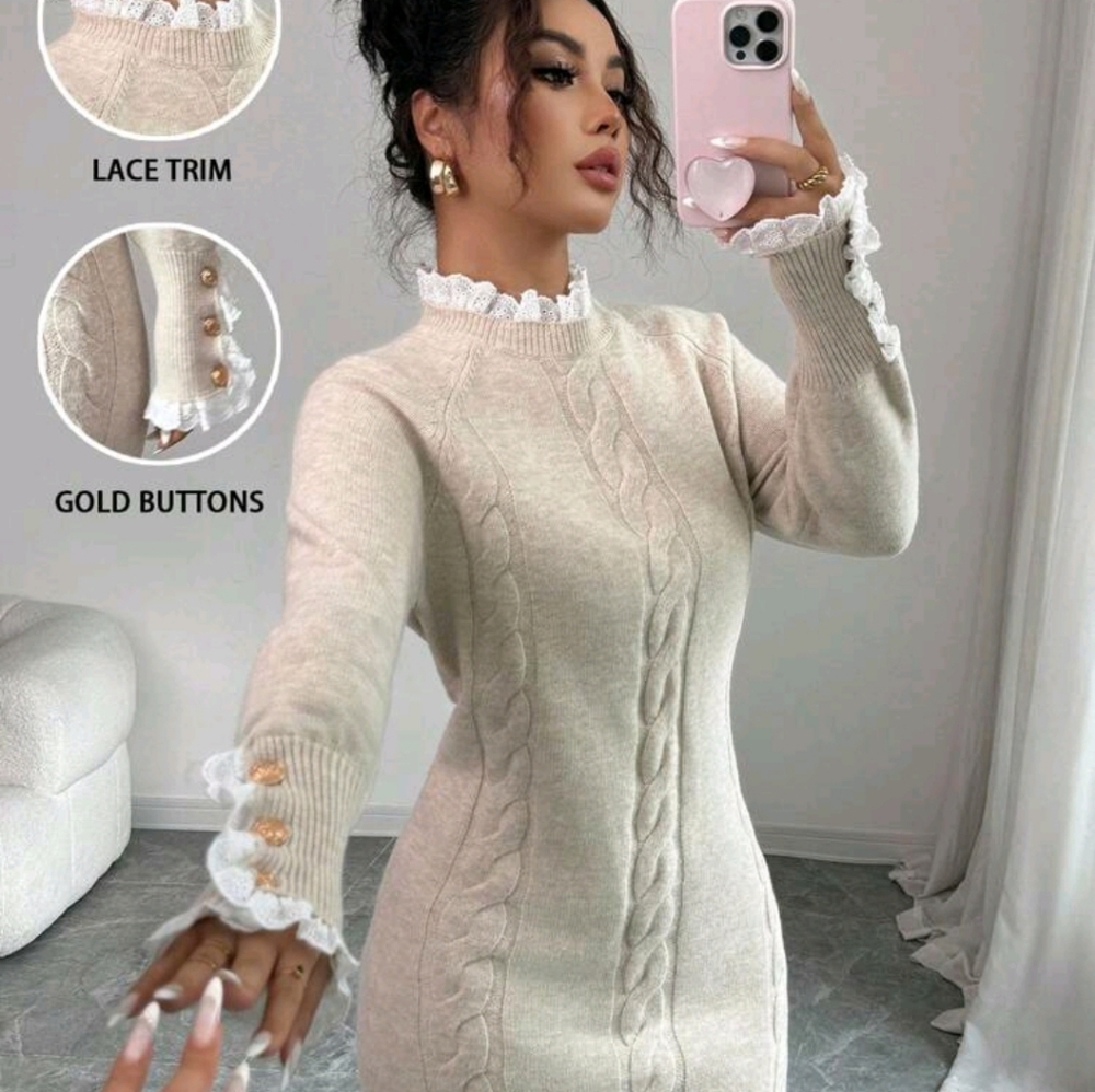 Long Sleeve Round Neck Lace Trim Apricot Color Dress, Autumn/Winter Fall Cloth
